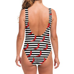 Black And White Striped Chili Print One Piece Swimsuit