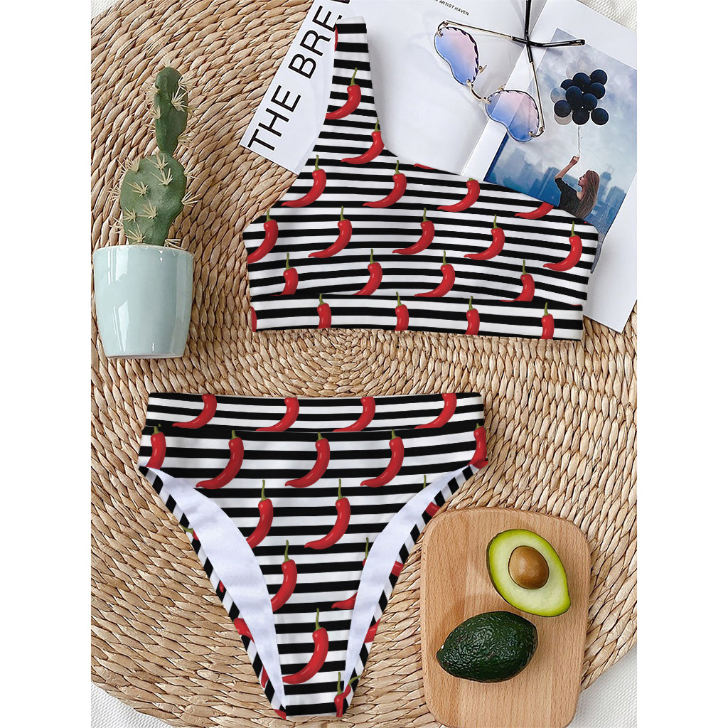 Black And White Striped Chili Print One Shoulder Bikini Top