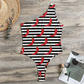 Black And White Striped Chili Print One Shoulder Bodysuit