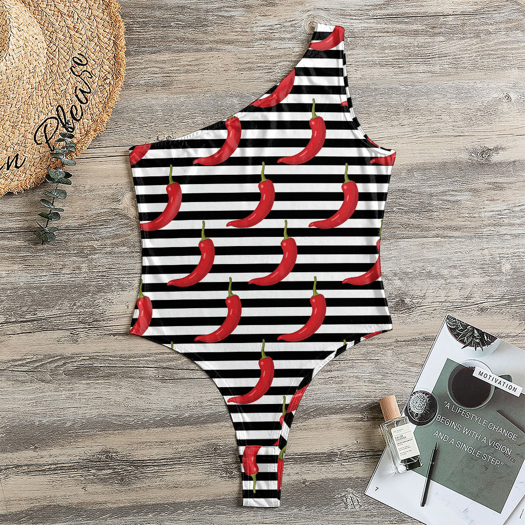 Black And White Striped Chili Print One Shoulder Bodysuit