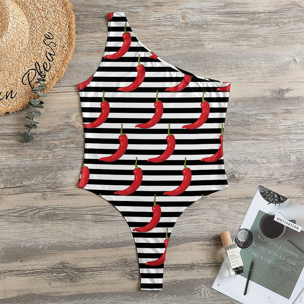 Black And White Striped Chili Print One Shoulder Bodysuit