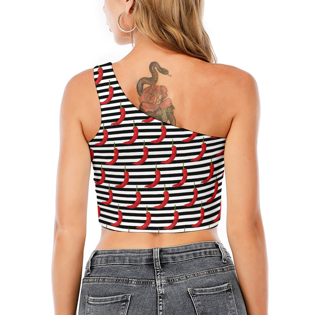 Black And White Striped Chili Print One Shoulder Crop Top