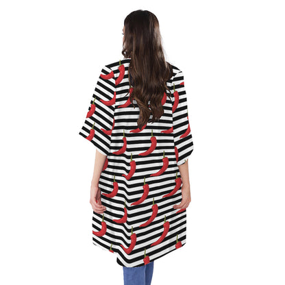 Black And White Striped Chili Print Open Front Beach Cover Up