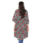 Black And White Striped Chili Print Open Front Beach Cover Up