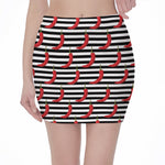 Black And White Striped Chili Print Pencil Mini Skirt