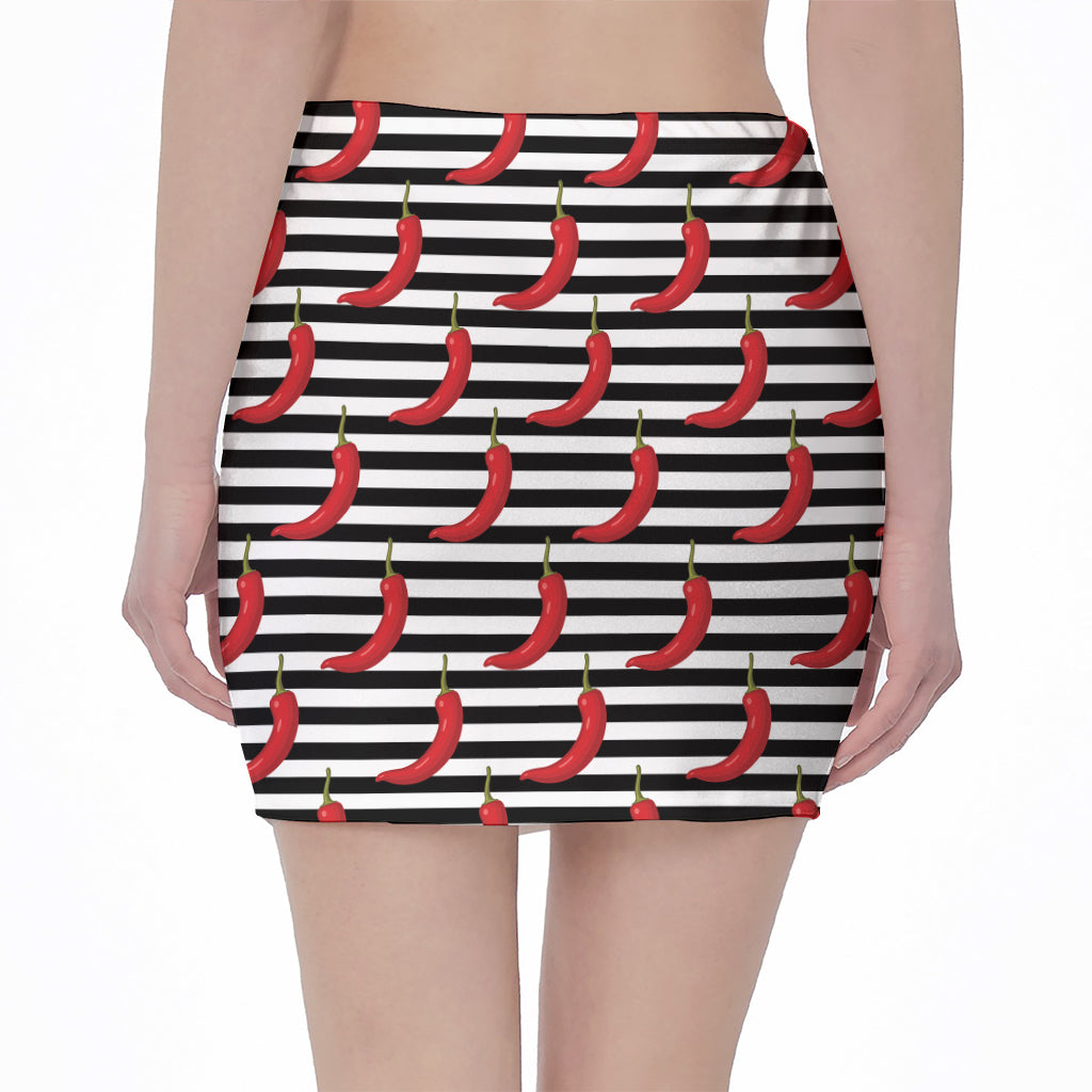 Black And White Striped Chili Print Pencil Mini Skirt