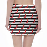 Black And White Striped Chili Print Pencil Mini Skirt
