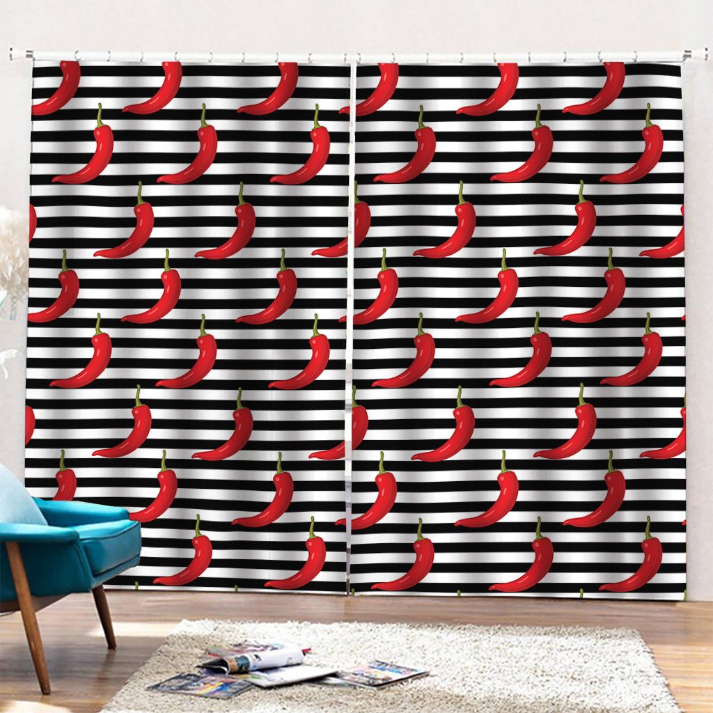 Black And White Striped Chili Print Pencil Pleat Curtains