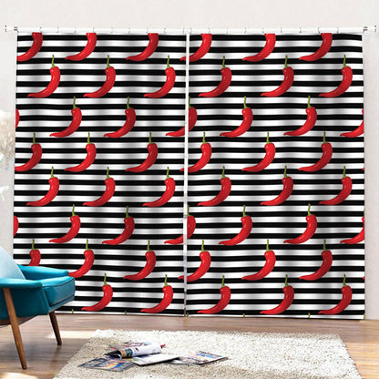 Black And White Striped Chili Print Pencil Pleat Curtains