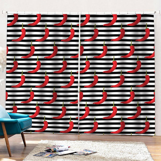 Black And White Striped Chili Print Pencil Pleat Curtains