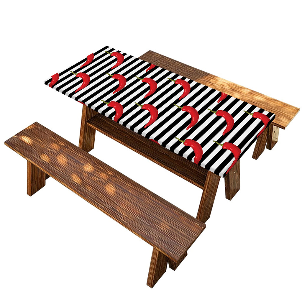 Black And White Striped Chili Print Picnic Table Cover