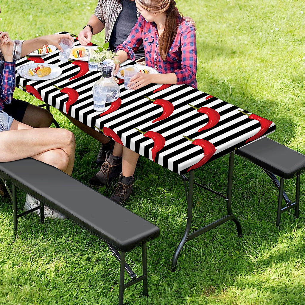 Black And White Striped Chili Print Picnic Table Cover
