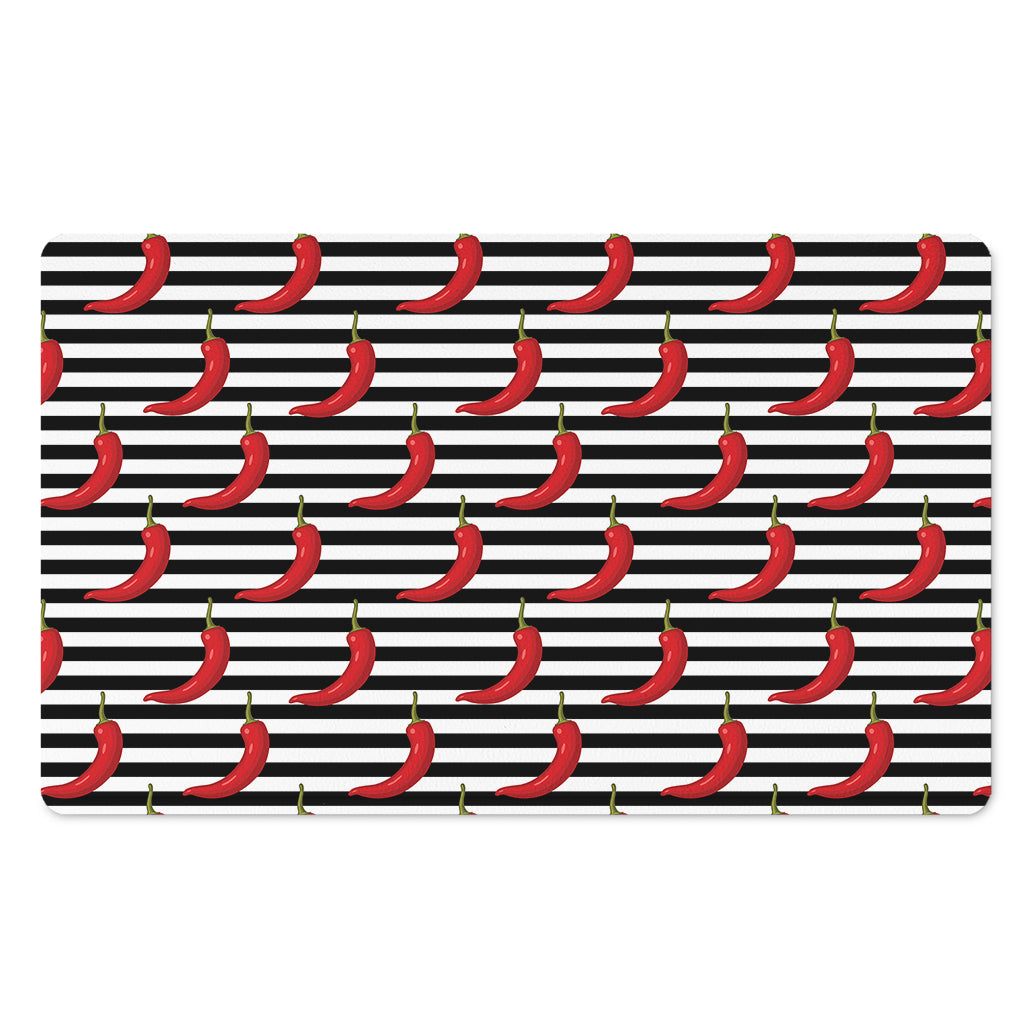Black And White Striped Chili Print Polyester Doormat