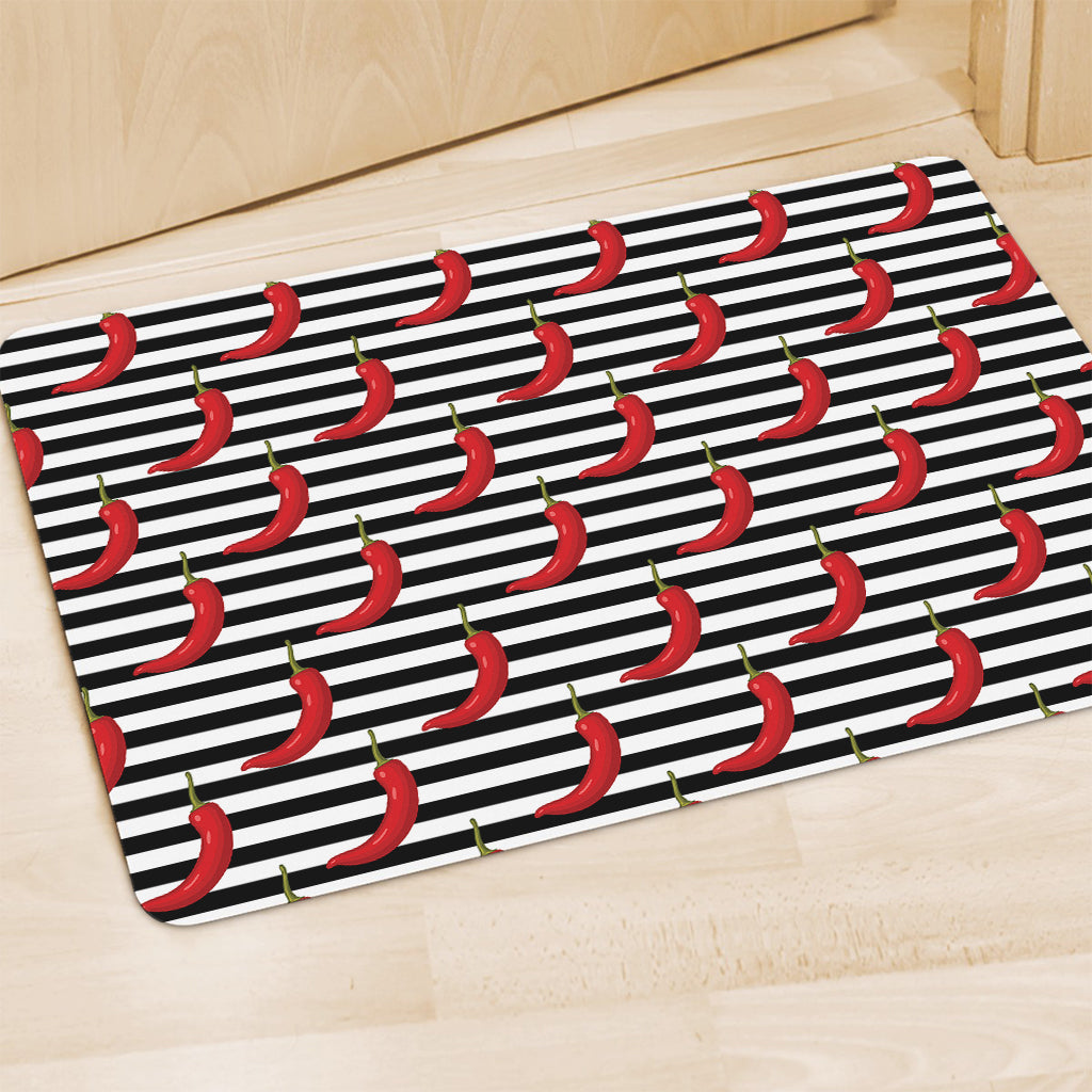 Black And White Striped Chili Print Polyester Doormat