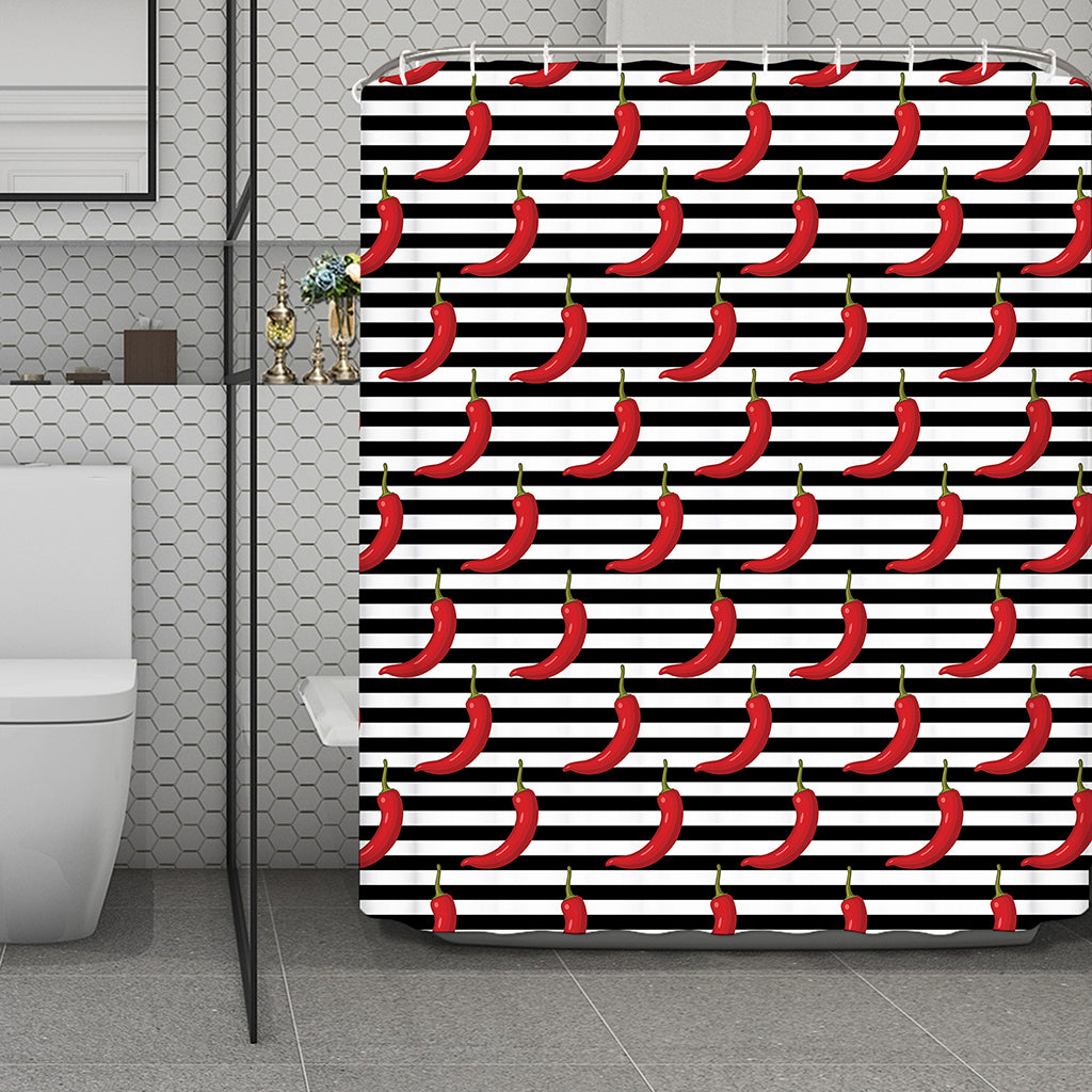 Black And White Striped Chili Print Polyester Shower Curtain