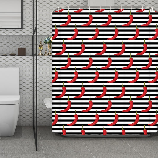 Black And White Striped Chili Print Polyester Shower Curtain