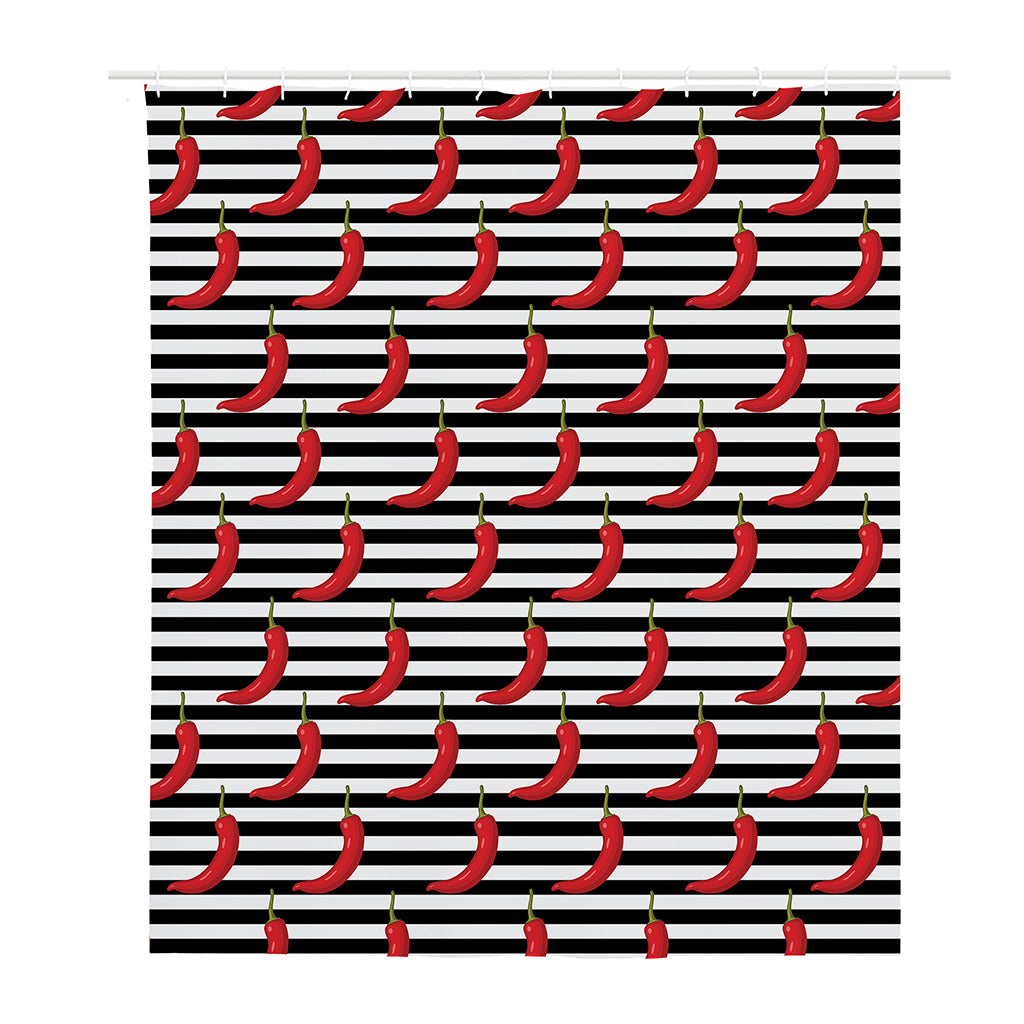 Black And White Striped Chili Print Polyester Shower Curtain