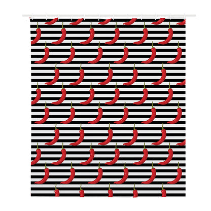 Black And White Striped Chili Print Polyester Shower Curtain