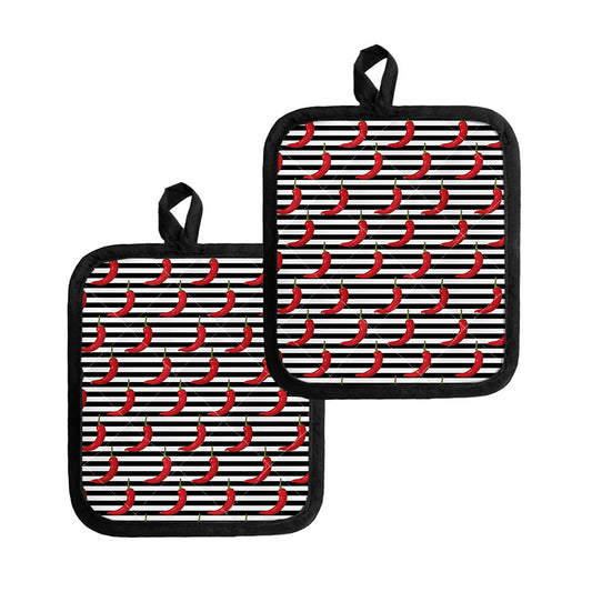 Black And White Striped Chili Print Pot Holders