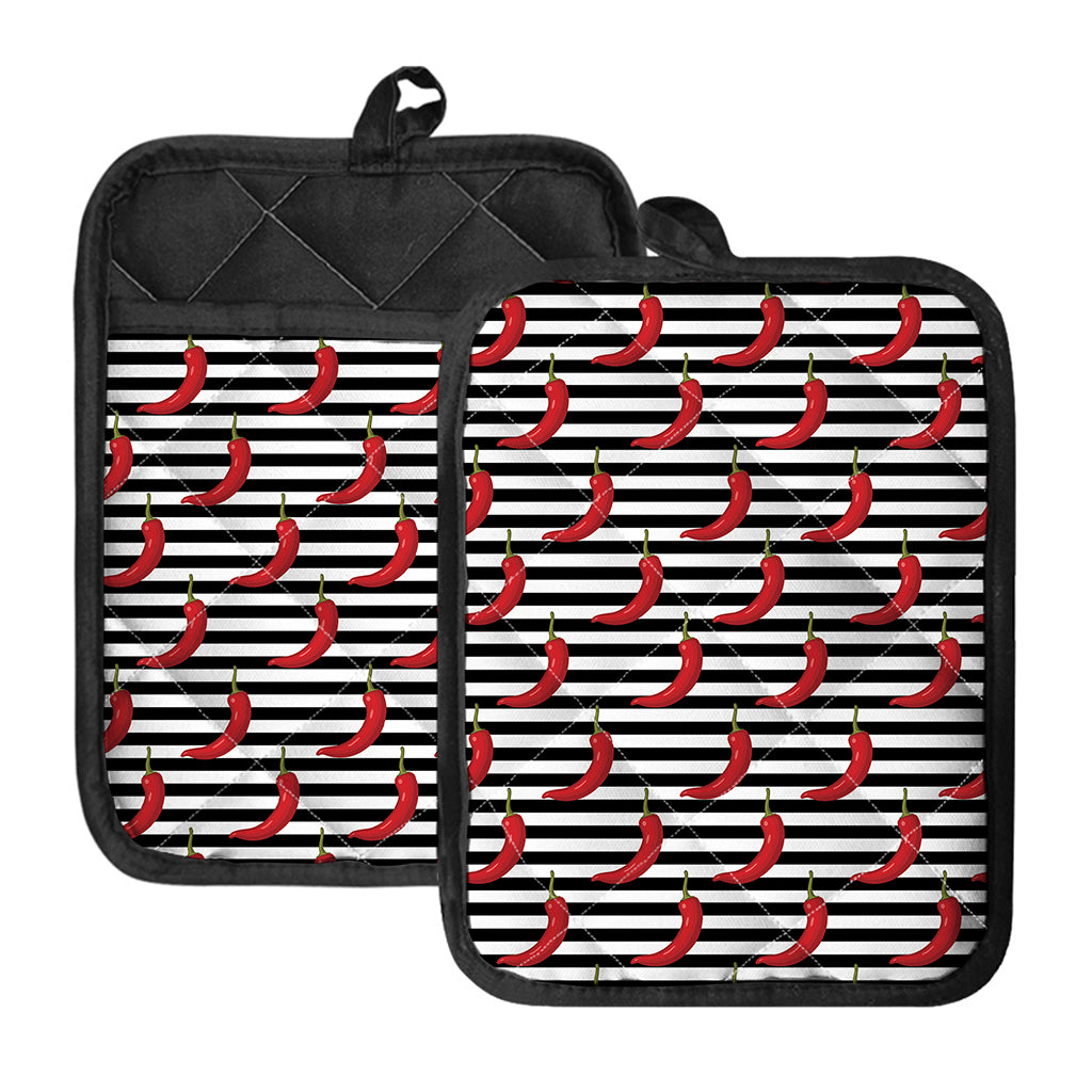 Black And White Striped Chili Print Pot Holders With Pocket