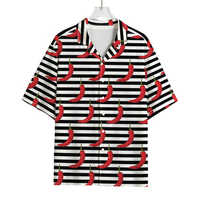 Black And White Striped Chili Print Rayon Hawaiian Shirt