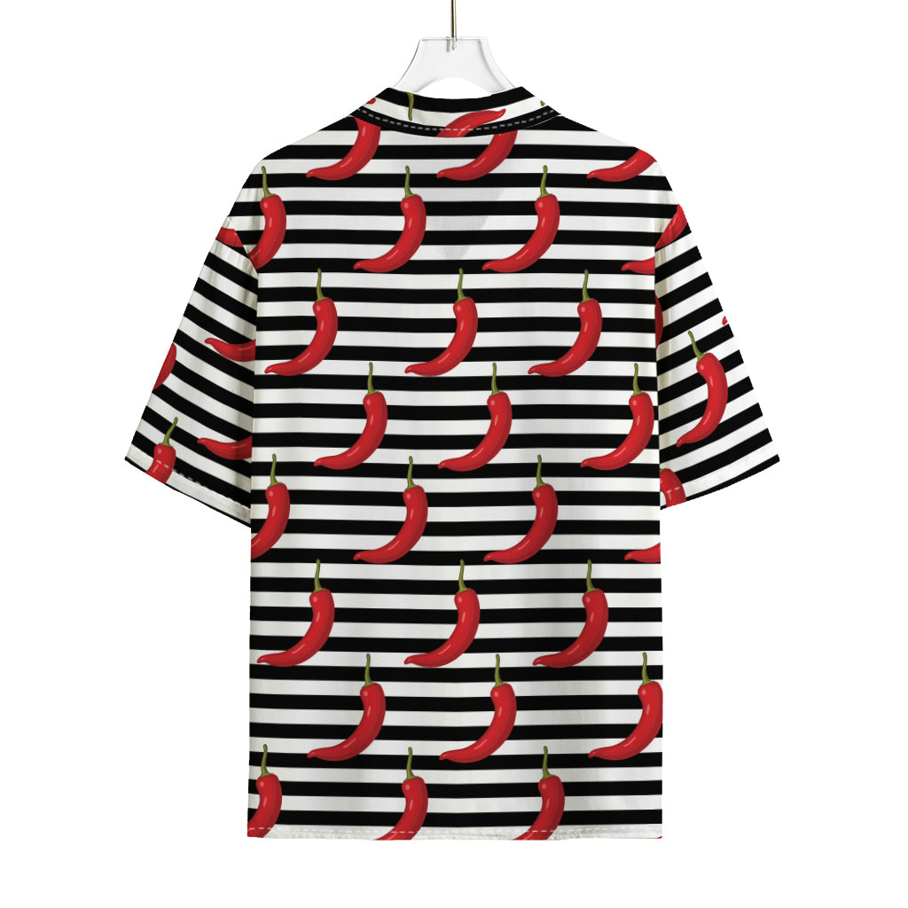Black And White Striped Chili Print Rayon Hawaiian Shirt