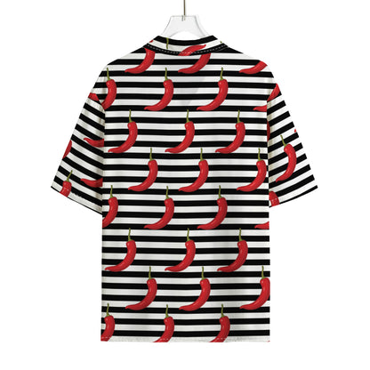 Black And White Striped Chili Print Rayon Hawaiian Shirt