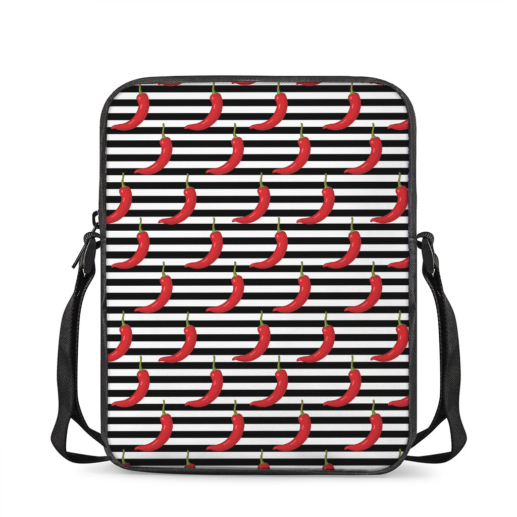 Black And White Striped Chili Print Rectangular Crossbody Bag