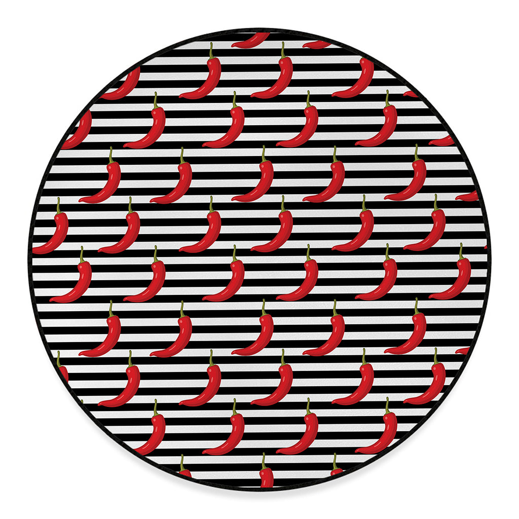 Black And White Striped Chili Print Round Floor Mat