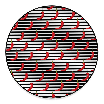 Black And White Striped Chili Print Round Floor Mat