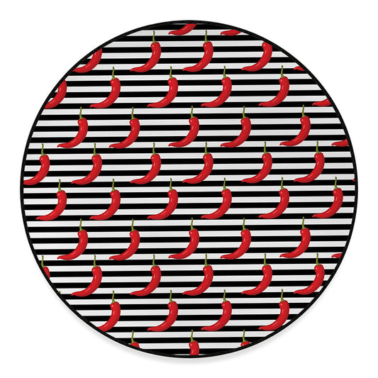 Black And White Striped Chili Print Round Floor Mat