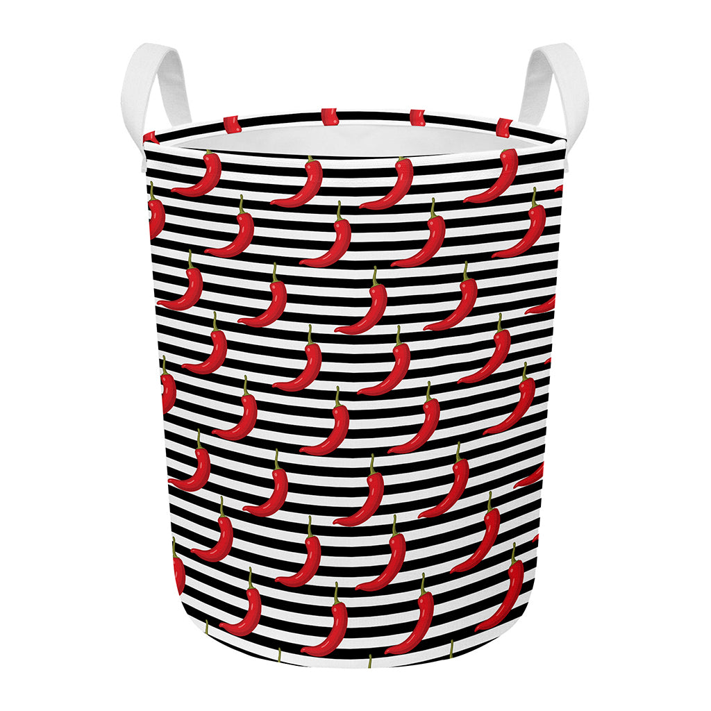 Black And White Striped Chili Print Round Laundry Basket