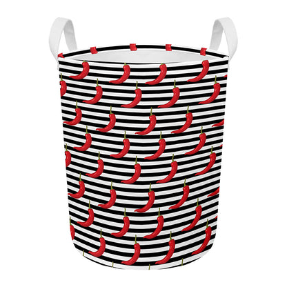 Black And White Striped Chili Print Round Laundry Basket