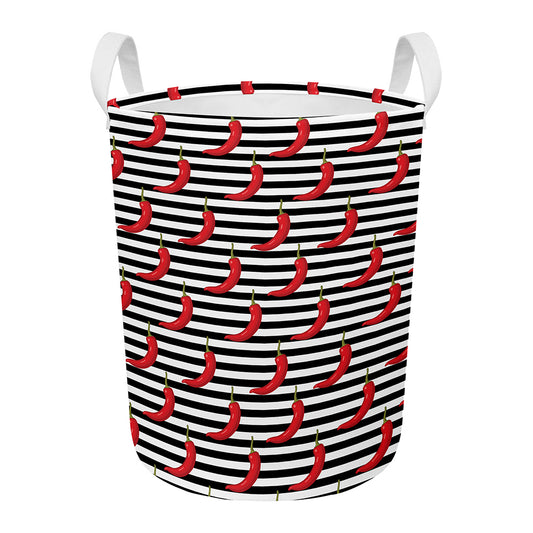 Black And White Striped Chili Print Round Laundry Basket