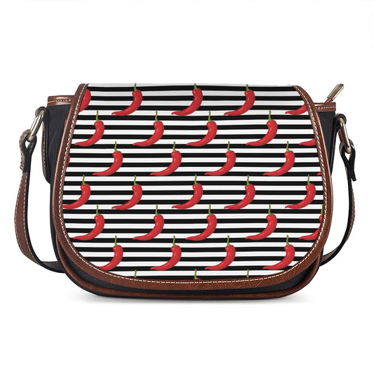 Black And White Striped Chili Print Saddle Bag