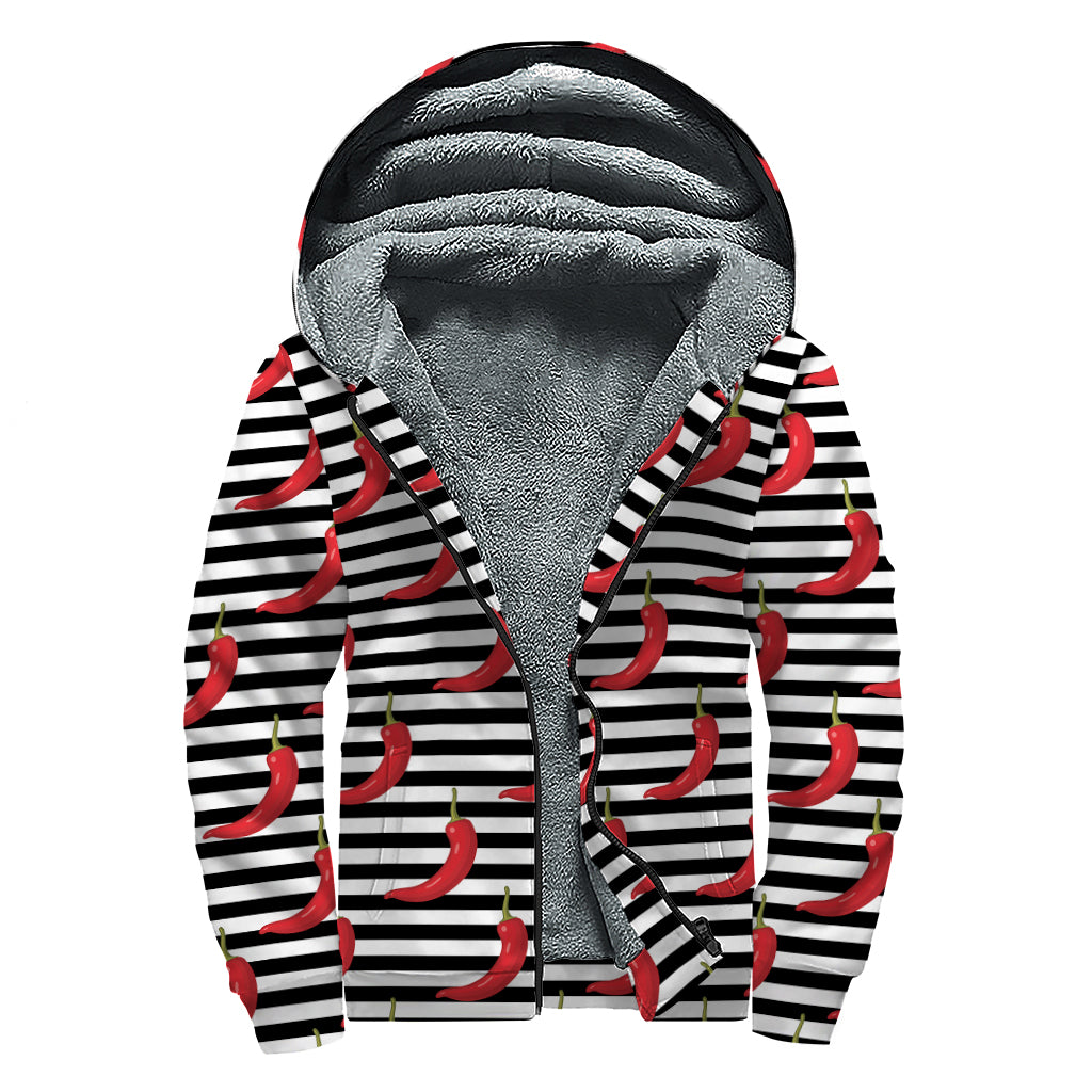 Black And White Striped Chili Print Sherpa Lined Zip Up Hoodie