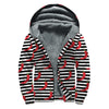 Black And White Striped Chili Print Sherpa Lined Zip Up Hoodie