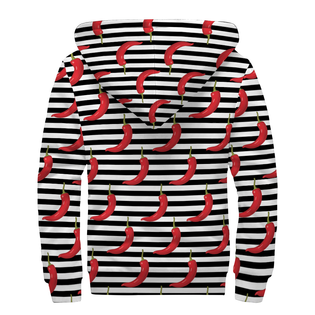 Black And White Striped Chili Print Sherpa Lined Zip Up Hoodie