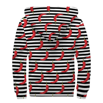 Black And White Striped Chili Print Sherpa Lined Zip Up Hoodie