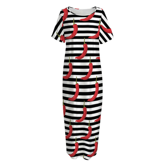Black And White Striped Chili Print Short Sleeve Long Nightdress