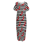 Black And White Striped Chili Print Short Sleeve Long Nightdress
