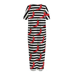 Black And White Striped Chili Print Short Sleeve Long Nightdress
