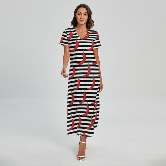 Black And White Striped Chili Print Short Sleeve Maxi Dress