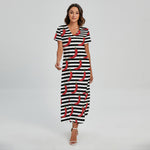 Black And White Striped Chili Print Short Sleeve Maxi Dress