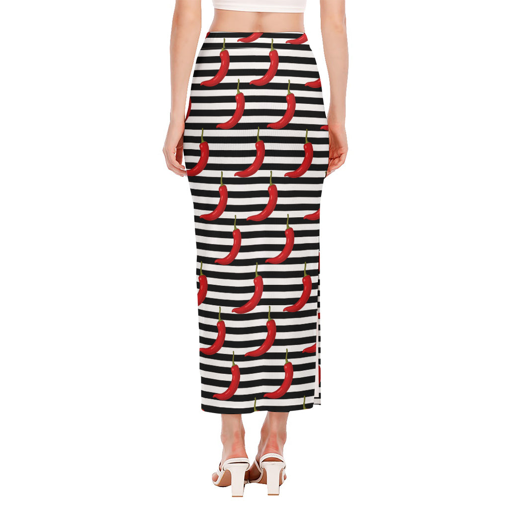 Black And White Striped Chili Print Side Slit Maxi Skirt