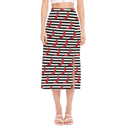 Black And White Striped Chili Print Side Slit Midi Skirt