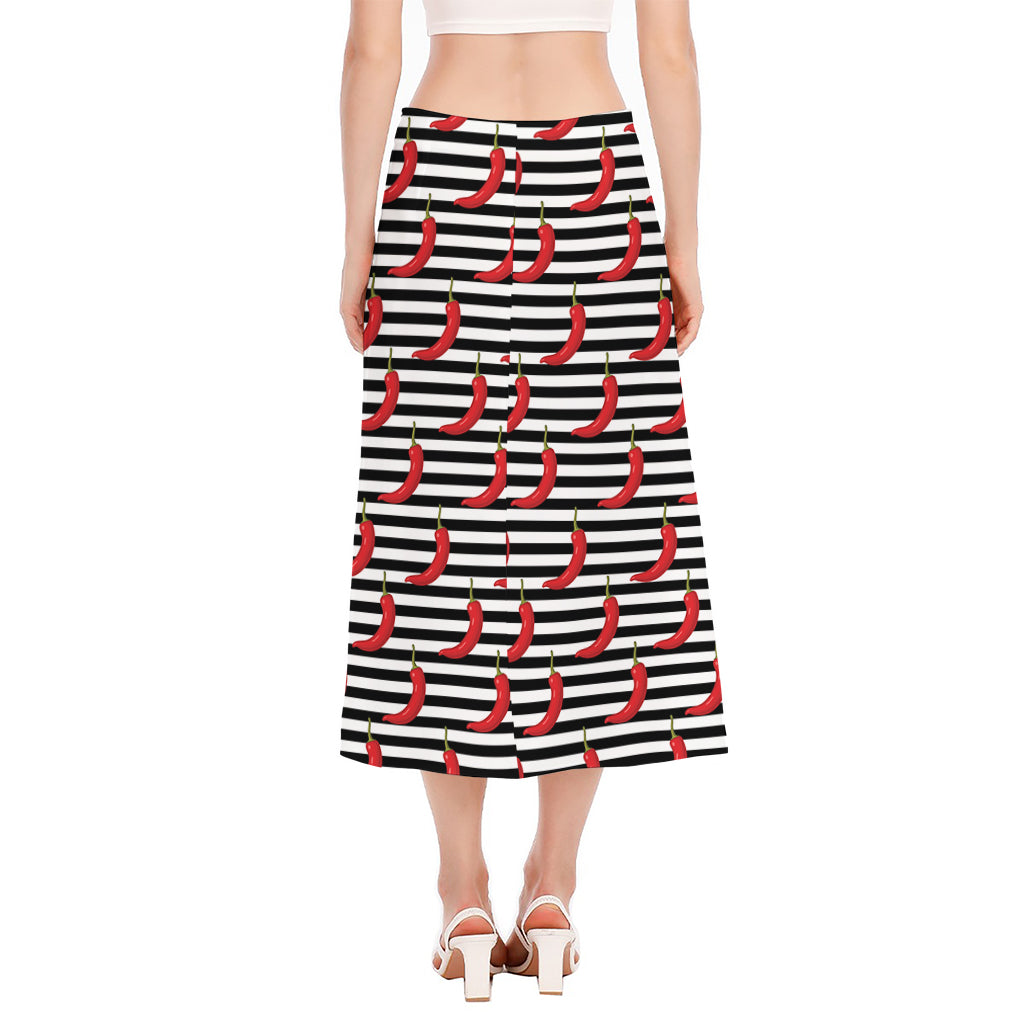 Black And White Striped Chili Print Side Slit Midi Skirt
