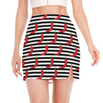 Black And White Striped Chili Print Side Slit Mini Skirt