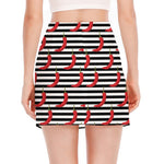 Black And White Striped Chili Print Side Slit Mini Skirt