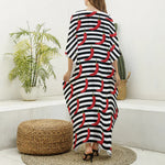 Black And White Striped Chili Print Silk V-Neck Kaftan Dress